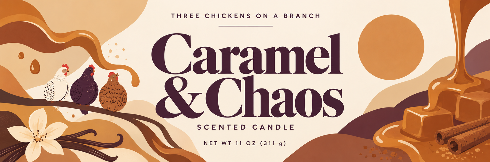 Caramel & Chaos candle label illustration