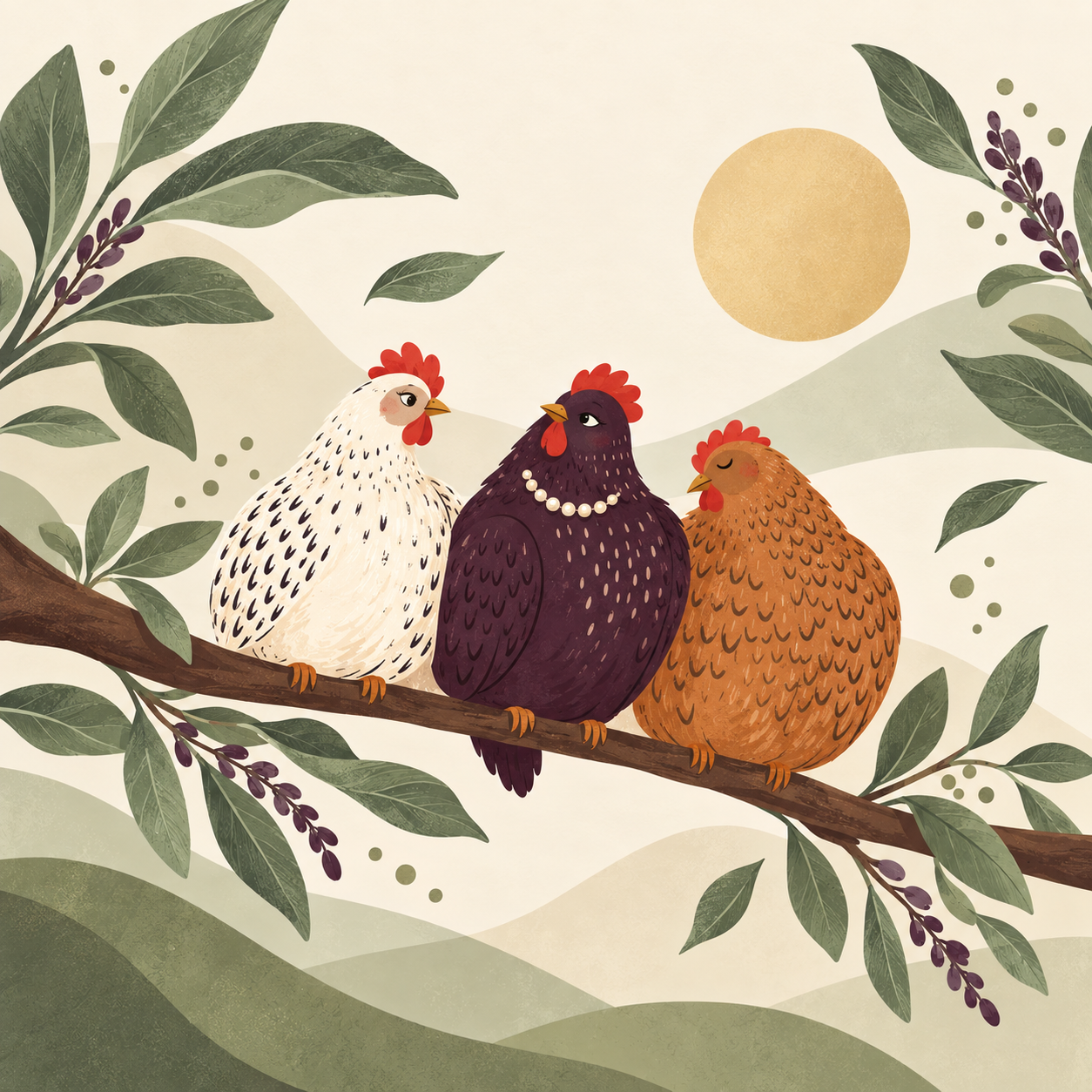 Three delightfully opinionated illustrated hens nestled together on a branch